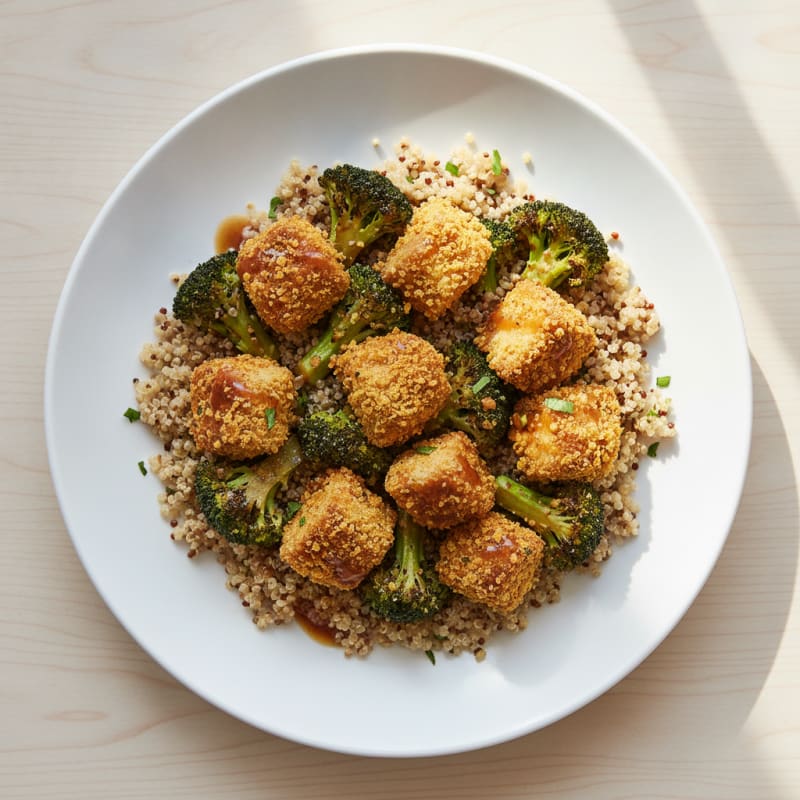Crispy Baked Seitan with Roasted Broccoli and Quinoa