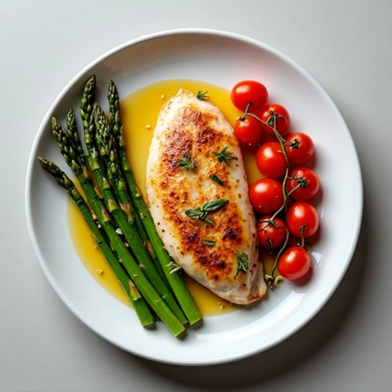 Pan-Seared Chicken with Roasted Asparagus and Cherry Tomatoes