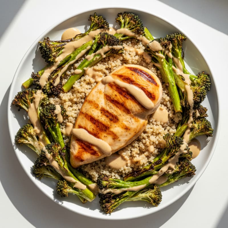 Grilled Chicken Breast with Quinoa, Roasted Broccoli, and Lemon Tahini Drizzle