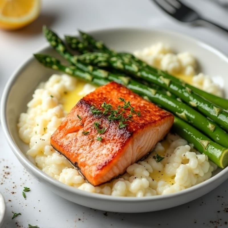 Seared Salmon with Steamed Asparagus and Cauliflower Mash