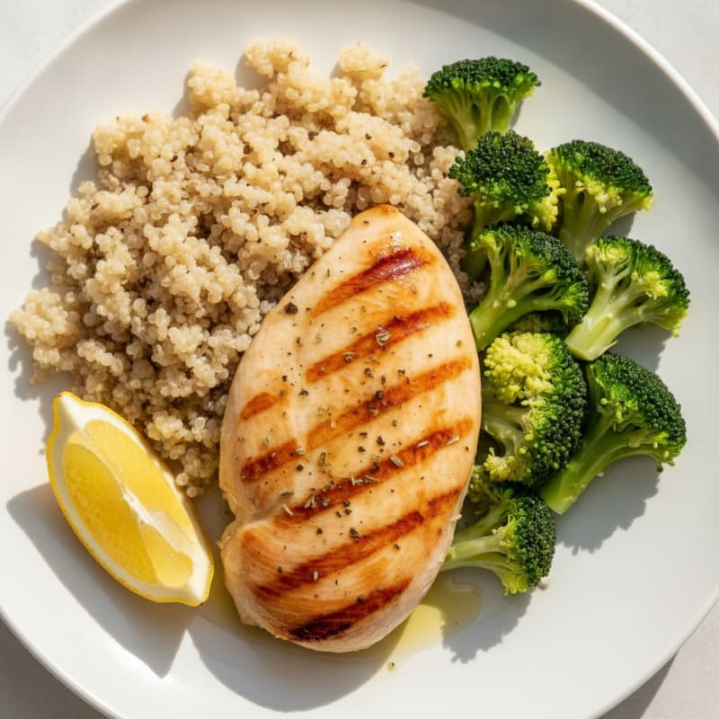 Grilled Chicken Breast with Steamed Broccoli and Quinoa
