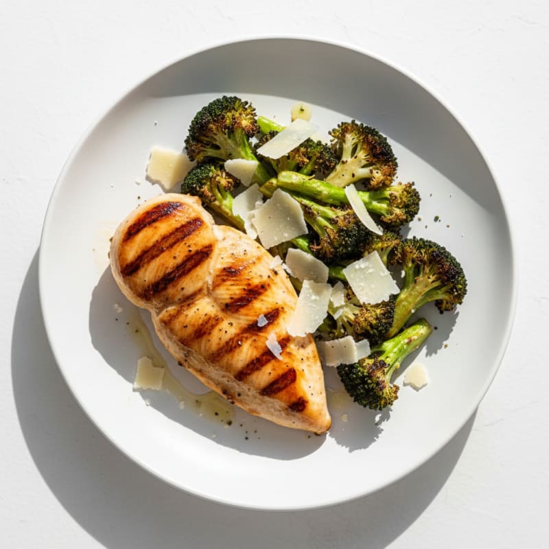 Grilled Chicken Breast with Roasted Broccoli and Shaved Parmesan