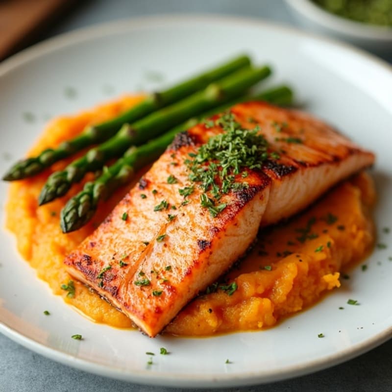 Seared Salmon with Roasted Asparagus and Sweet Potato Mash