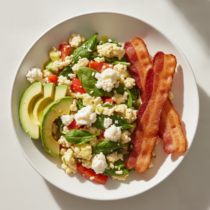 Egg White Veggie Scramble with Cottage Cheese and Turkey Bacon
