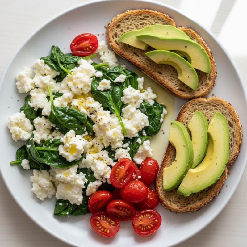 Egg White Spinach Scramble with Cottage Cheese and Cherry Tomatoes