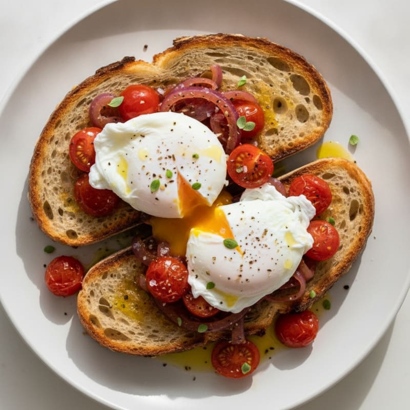 Poached Eggs on Sourdough with Sautéed Tomatoes and Onion