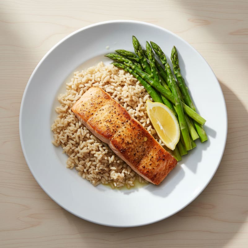 Seared Salmon with Steamed Asparagus and Brown Rice