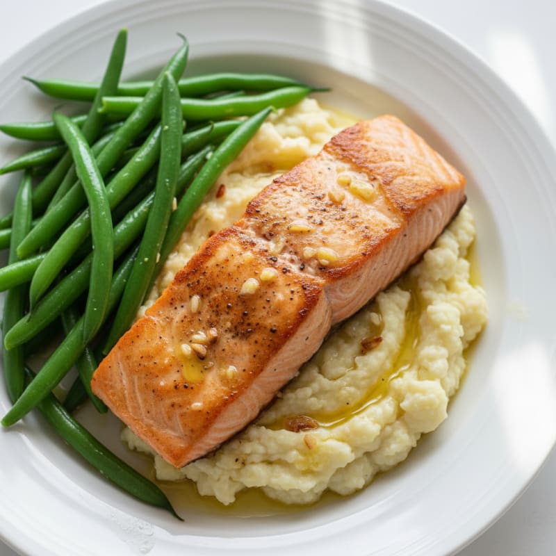 Seared Salmon with Steamed Green Beans and Garlic Mashed Cauliflower