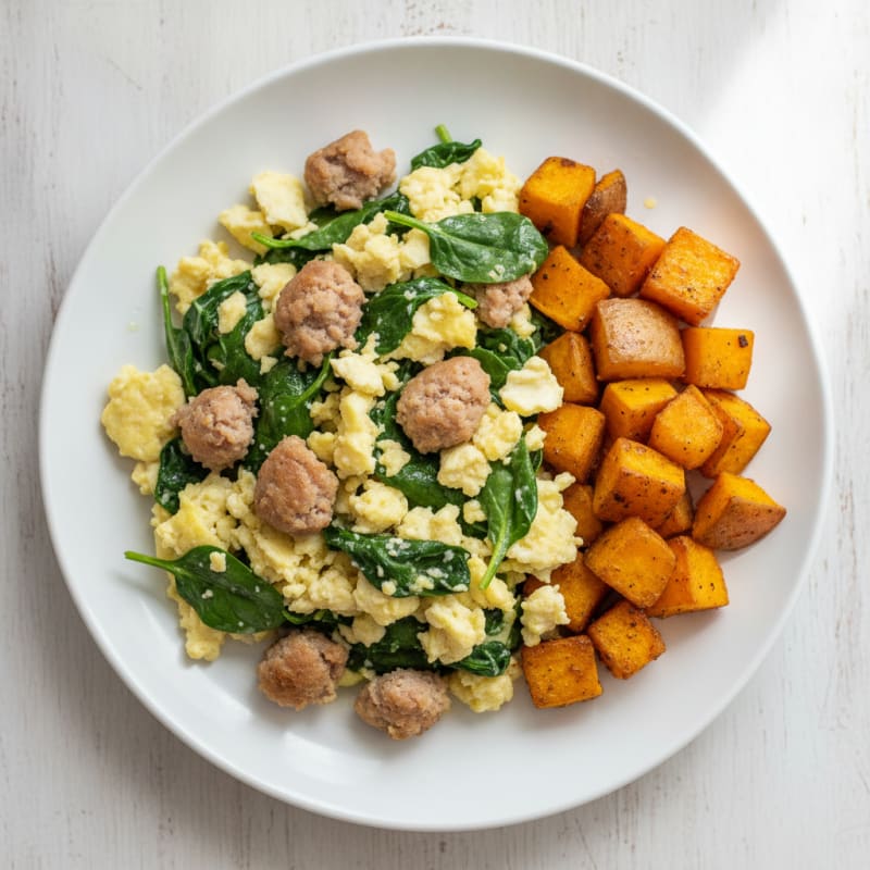 Egg White and Turkey Sausage Scramble with Spinach and Roasted Sweet Potatoes