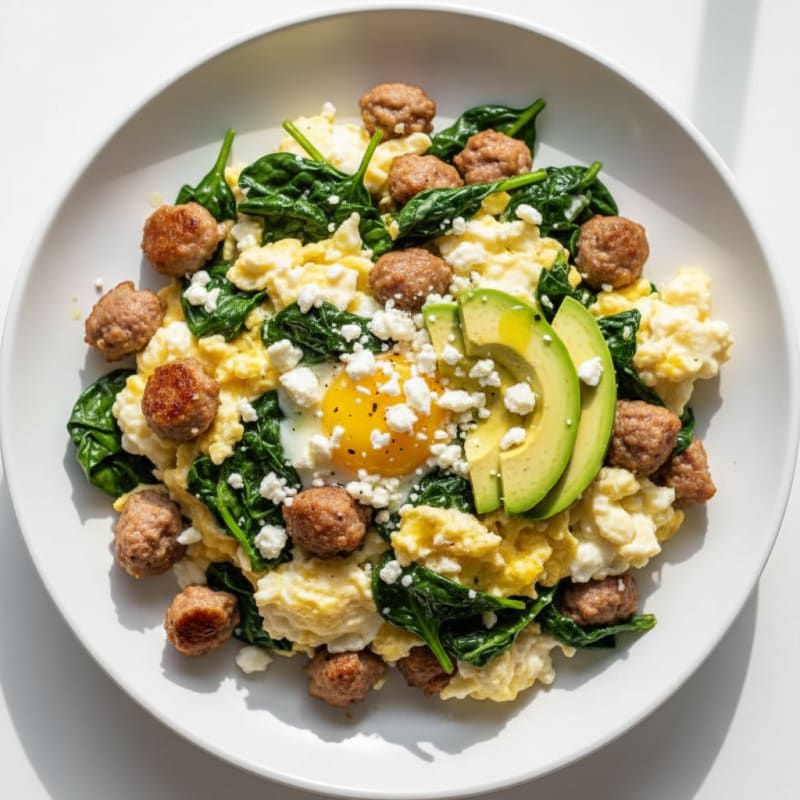 Egg White and Turkey Sausage Scramble with Spinach and Feta