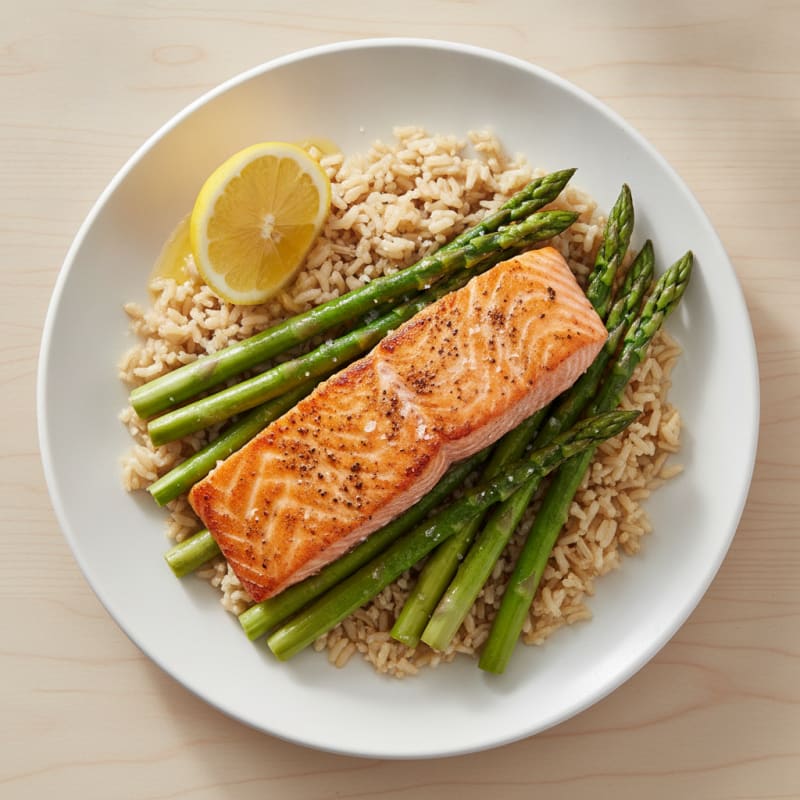 Seared Salmon with Steamed Asparagus and Brown Rice