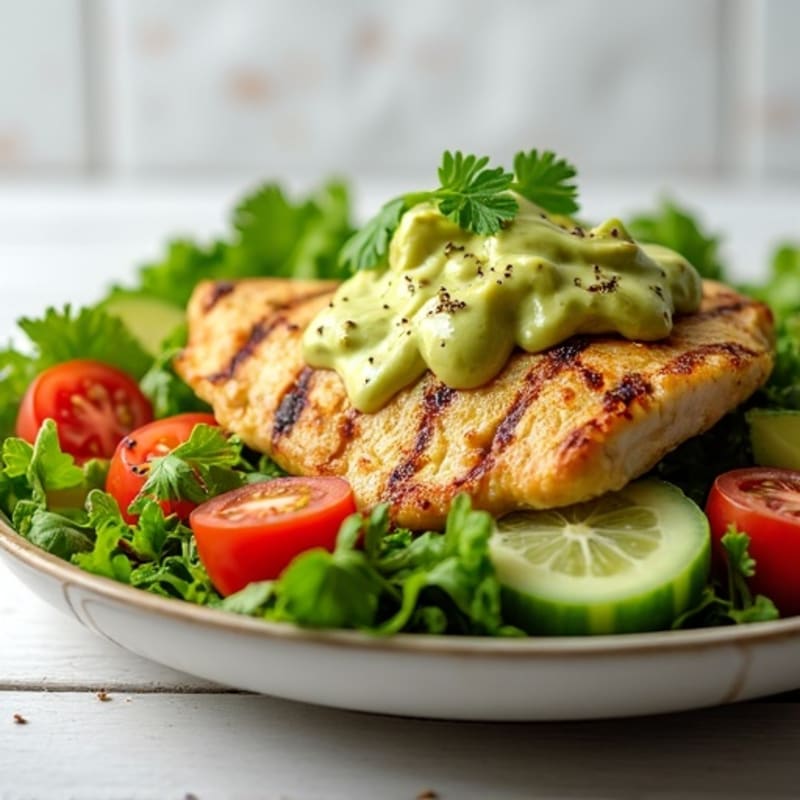 Lemon-Herb Grilled Chicken Salad with Fresh Greens and Creamy Avocado Dressing