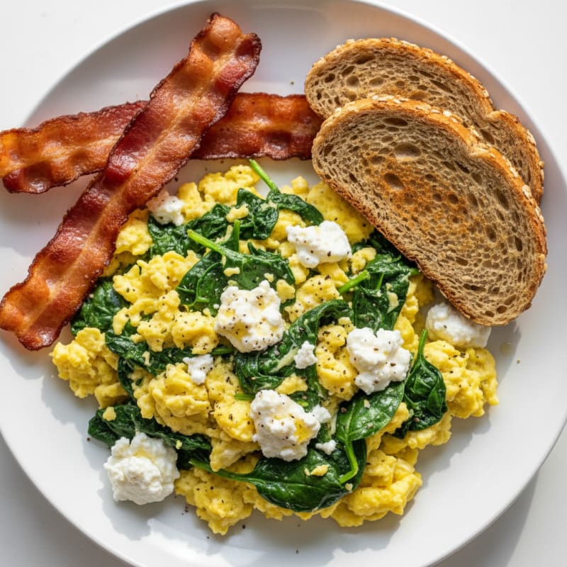 Cottage Cheese Egg Scramble with Spinach and Turkey Bacon