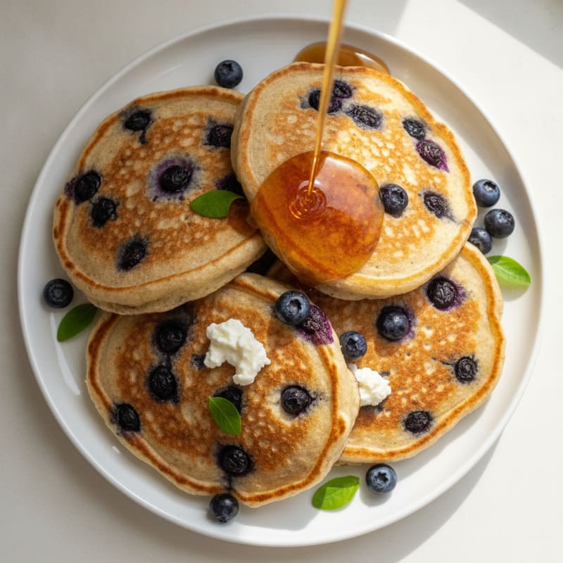 Blueberry Ricotta Pancakes with Maple Syrup
