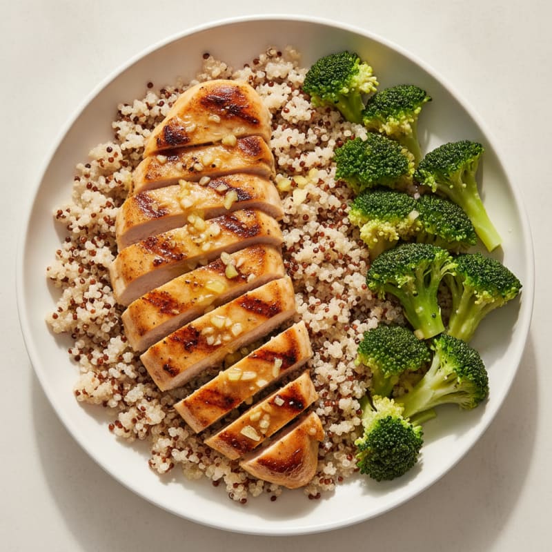 Grilled Lemon-Garlic Chicken Breast with Quinoa and Steamed Broccoli