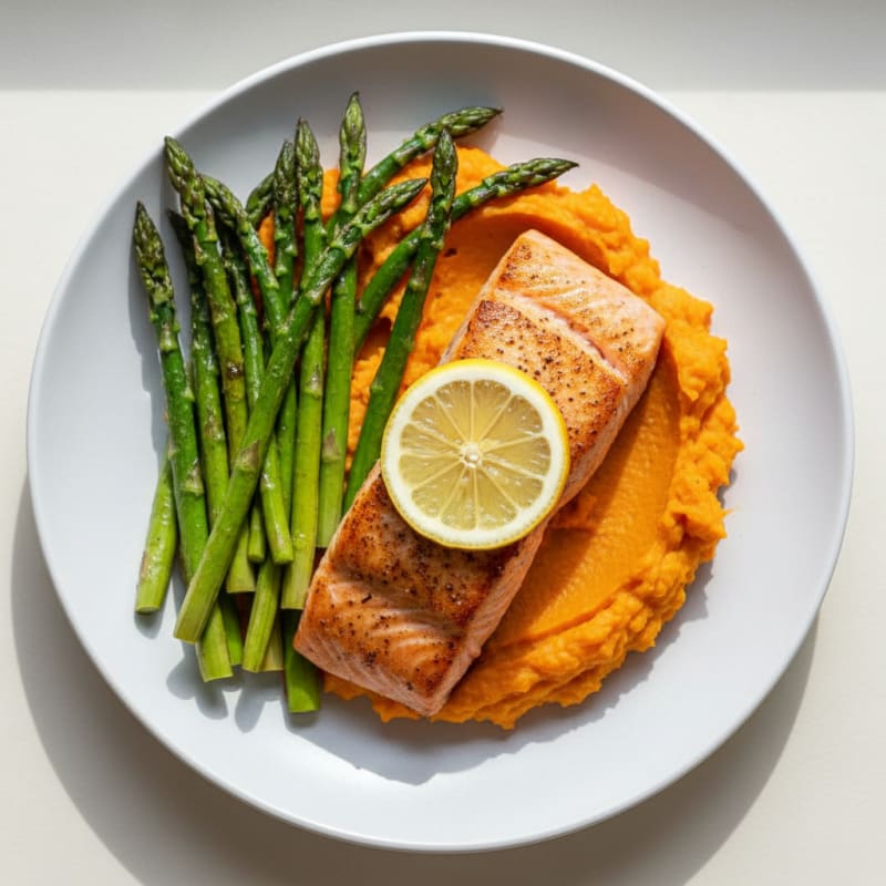 Seared Salmon Fillet with Roasted Asparagus and Sweet Potato Mash