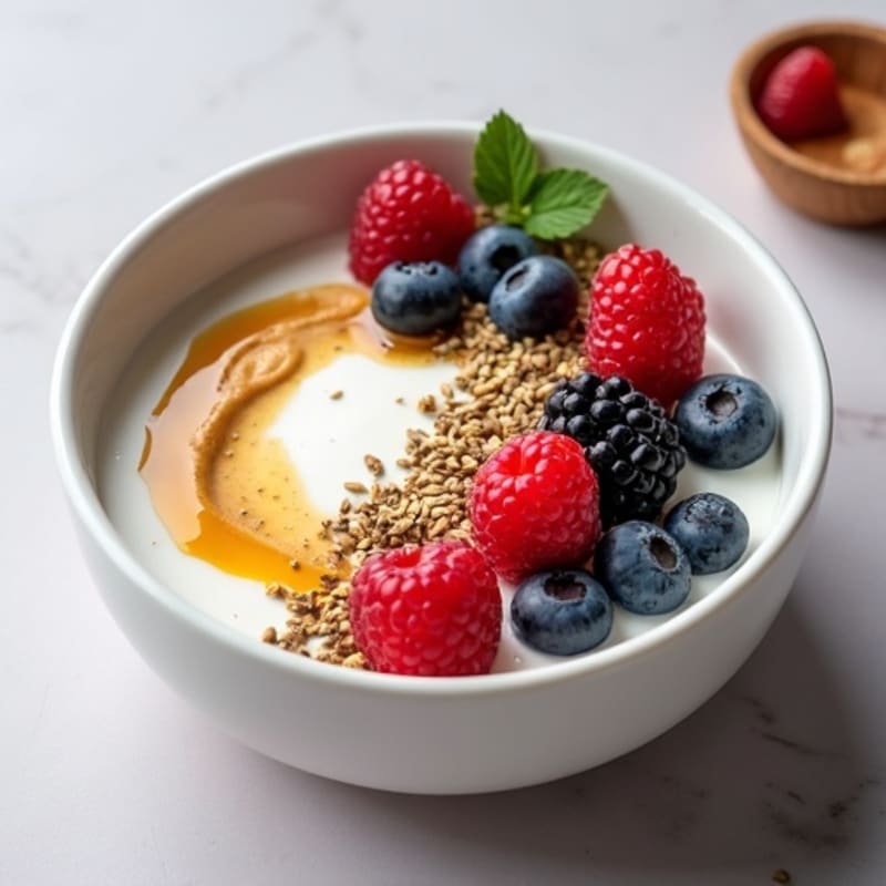 Silky Greek Yogurt Bowl with Hemp Seeds, Almond Butter and Berries