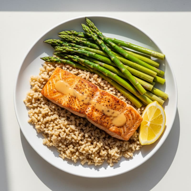 Seared Salmon with Steamed Asparagus and Brown Rice