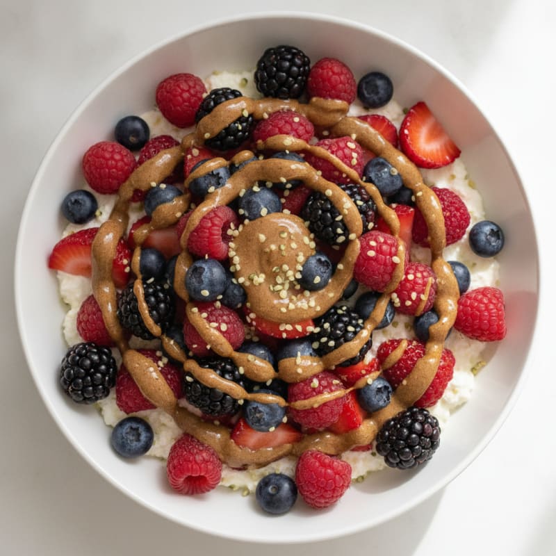 Cottage Cheese Greek Yogurt Bowl with Mixed Berries and Almond Butter