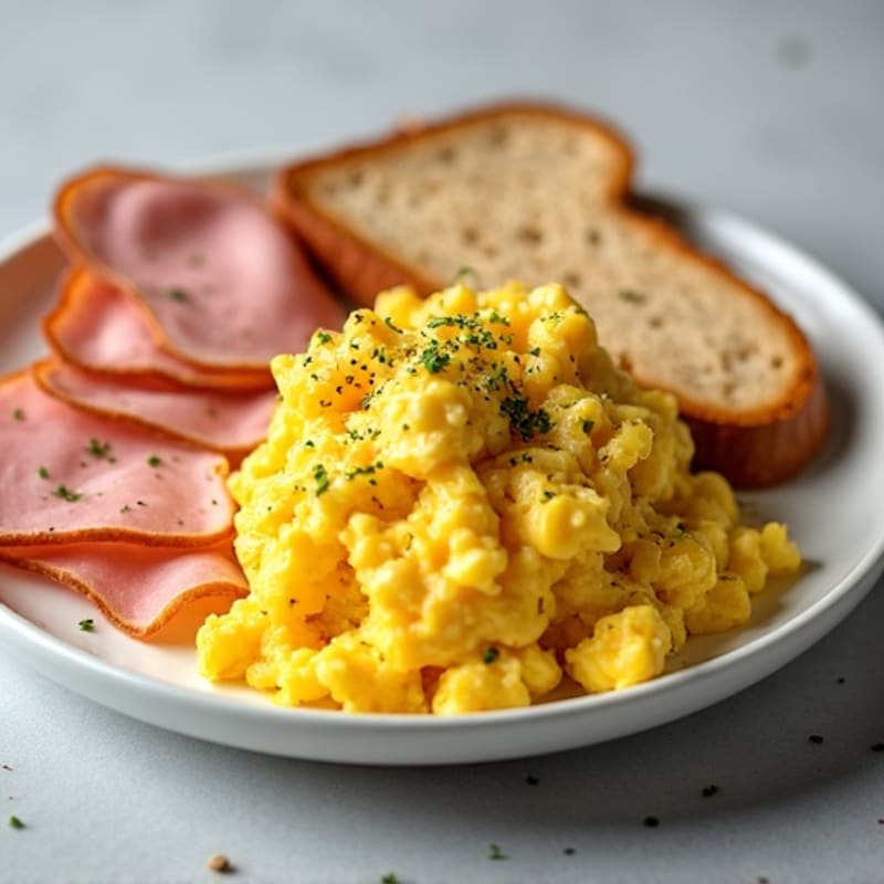 Fluffy Scrambled Eggs with Crispy Ham and Whole Grain Toast