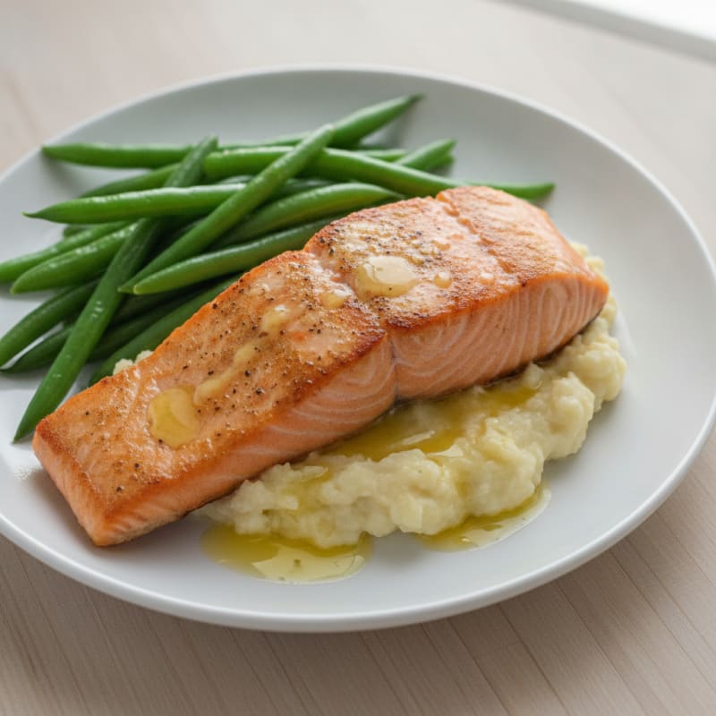 Seared Salmon with Steamed Green Beans and Garlic Mashed Cauliflower