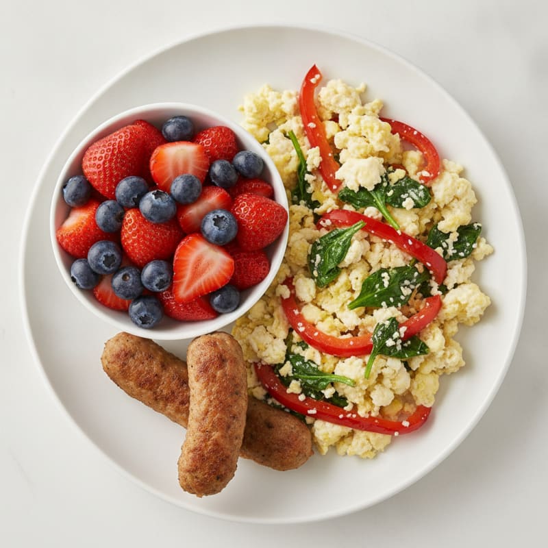 Egg White Veggie Scramble with Turkey Sausage and Fresh Berries