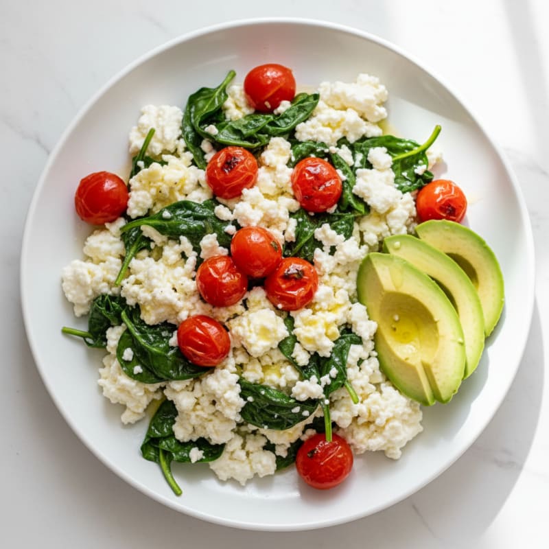 Cottage Cheese Egg White Scramble with Spinach and Cherry Tomatoes