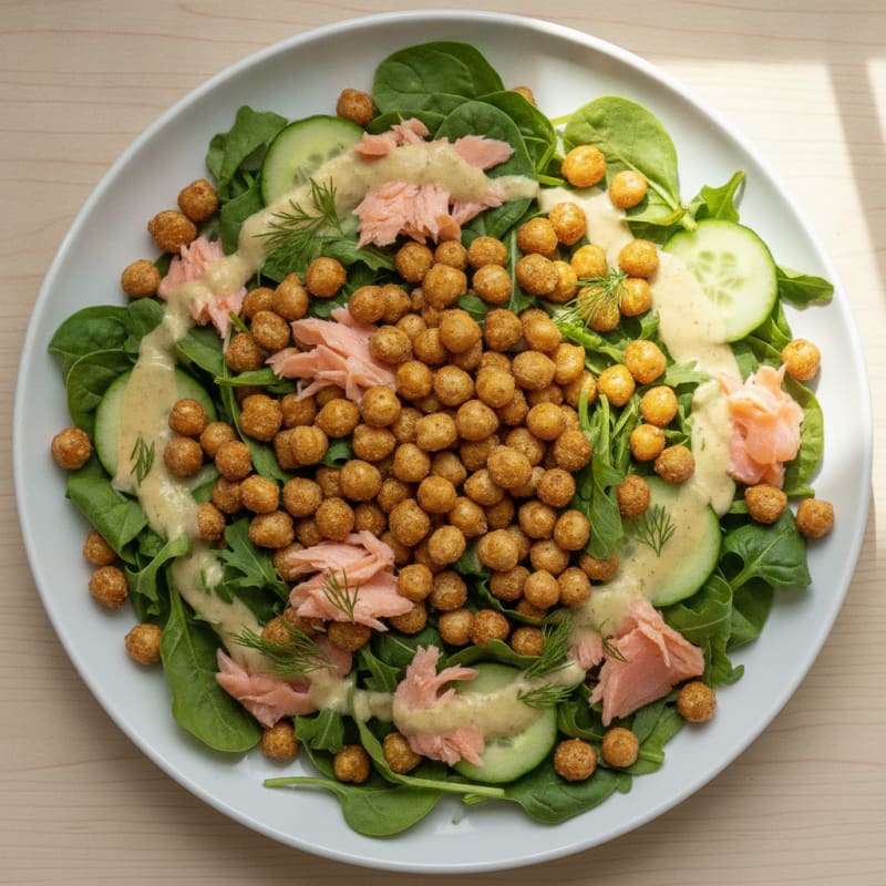 Crispy Chickpea and Smoked Salmon Salad with Greek Yogurt Dressing