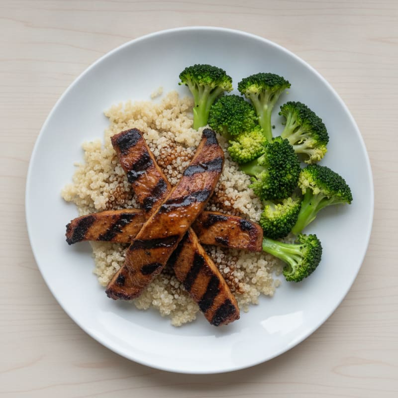 Grilled Seitan Strips with Steamed Broccoli and Quinoa