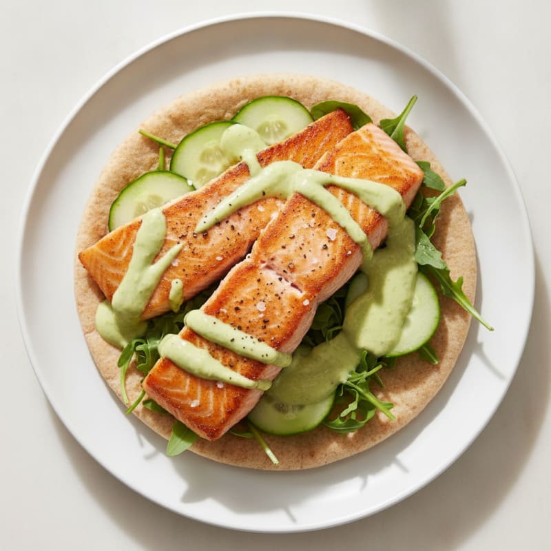 Pan-Seared Salmon Pita with Avocado Crema