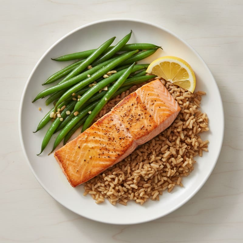 Seared Salmon with Garlic Green Beans and Brown Rice