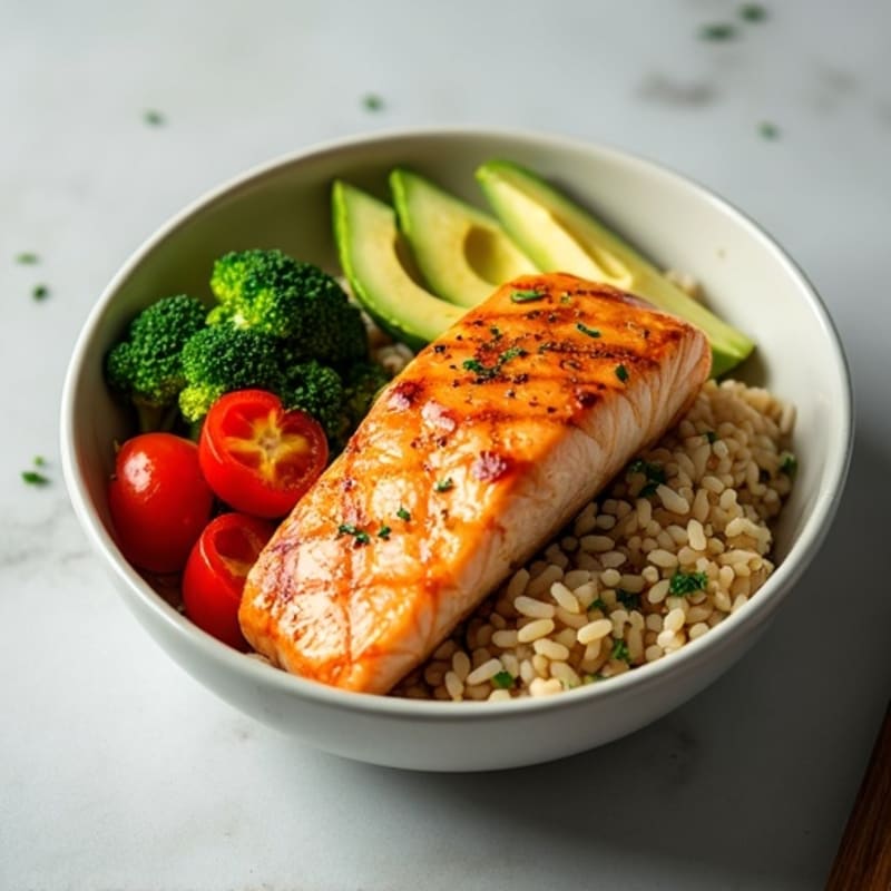 Fresh Salmon Rice Bowl with Crispy Vegetables and Creamy Avocado