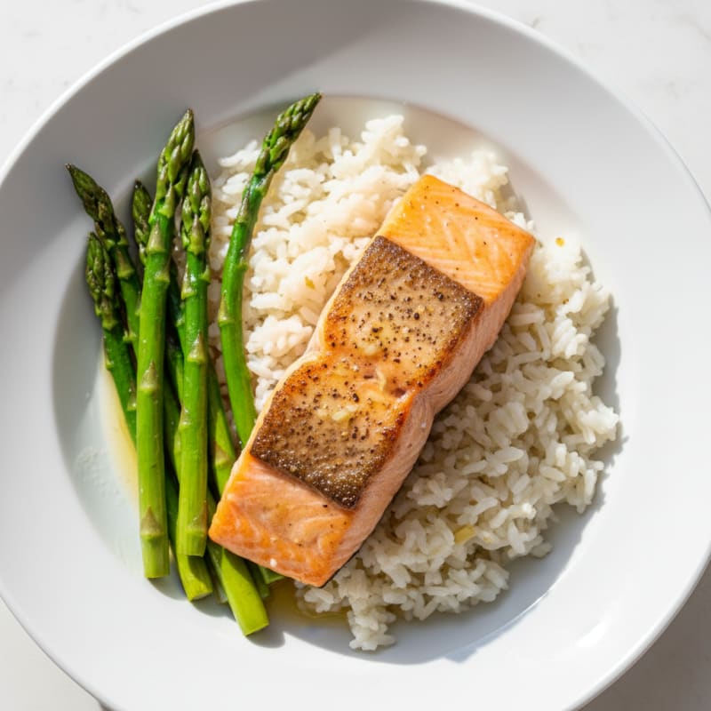 Seared Salmon with Garlic Rice and Roasted Asparagus
