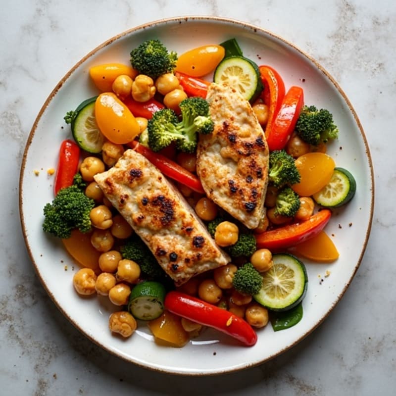 Sheet Pan Roasted Vegetables with Crispy Chickpeas, Roasted Tempeh, and Lemon-Tahini Drizzle