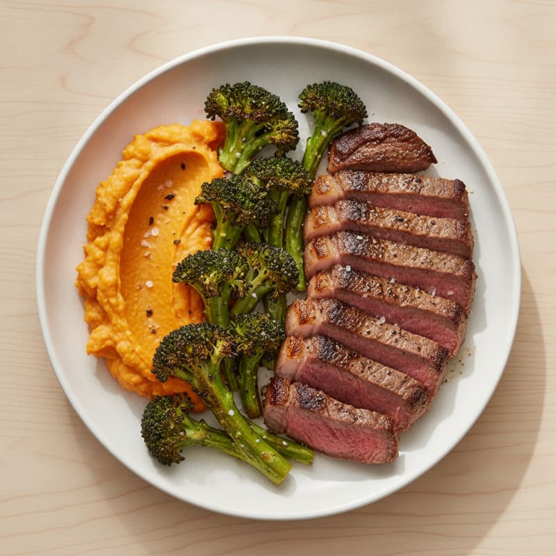 Seared Lean Beef with Roasted Broccoli and Sweet Potato Mash
