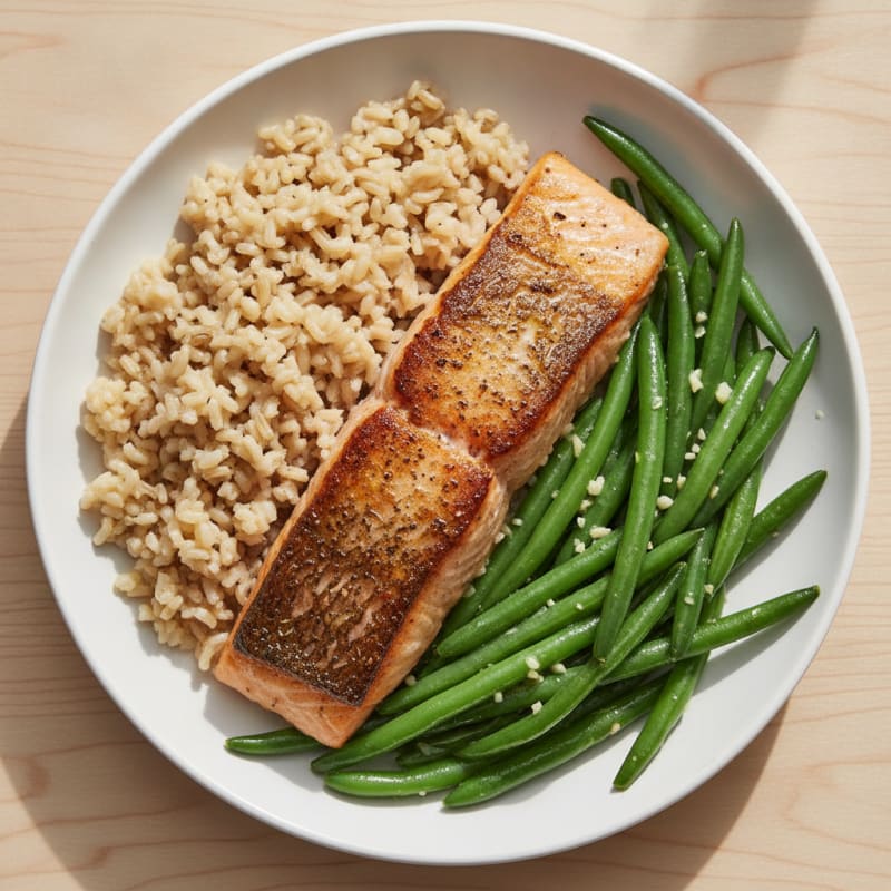 Seared Salmon with Garlic Green Beans and Brown Rice