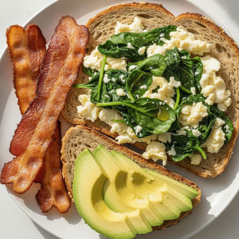 Crispy Turkey Bacon Egg White Scramble with Sautéed Spinach