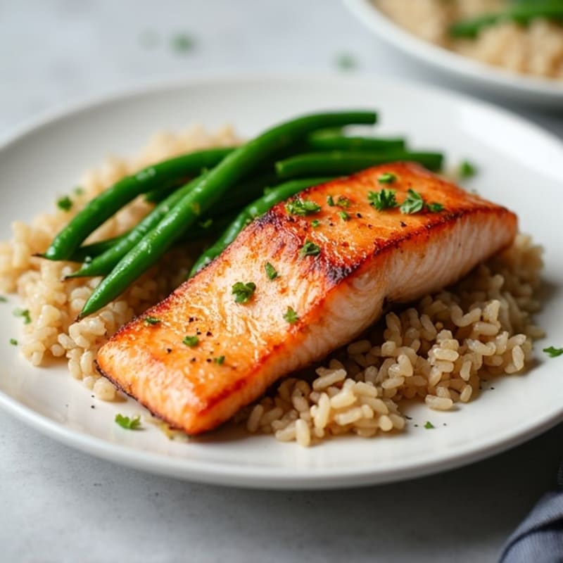 Seared Salmon with Garlic Green Beans and Brown Rice