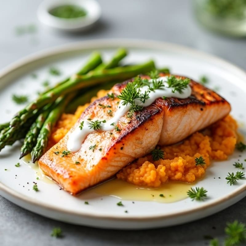 Seared Salmon with Roasted Asparagus and Sweet Potato Mash