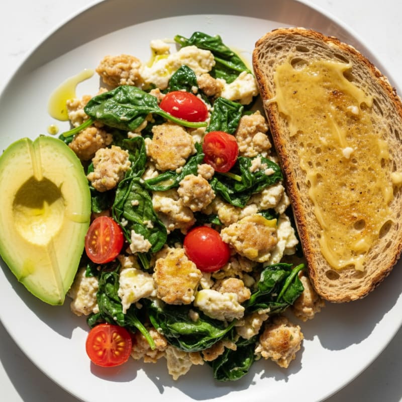 Egg White and Turkey Sausage Scramble with Spinach and Tomatoes