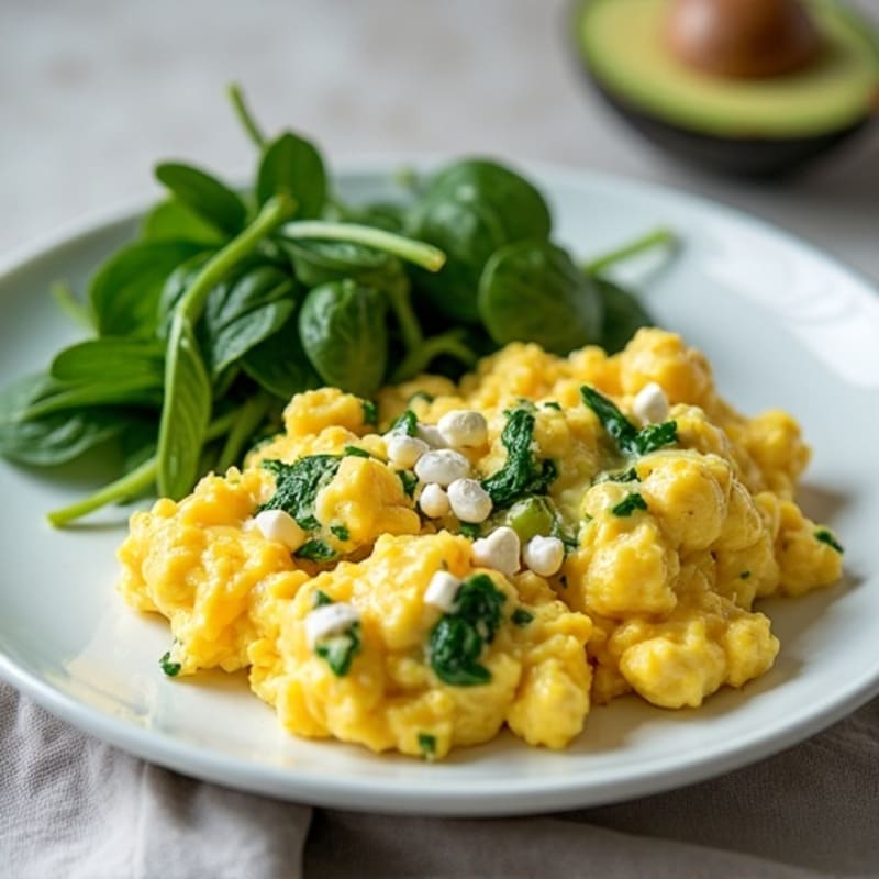 Creamy Scrambled Eggs with Sautéed Spinach and Avocado