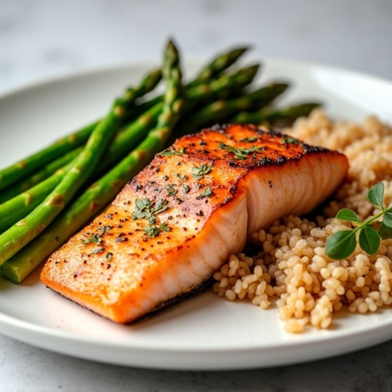 Seared Salmon Fillet with Steamed Asparagus and Brown Rice