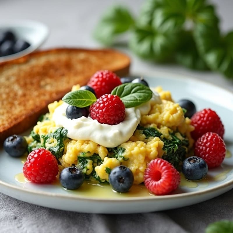 Egg White Spinach Scramble with Cottage Cheese and Fresh Berries