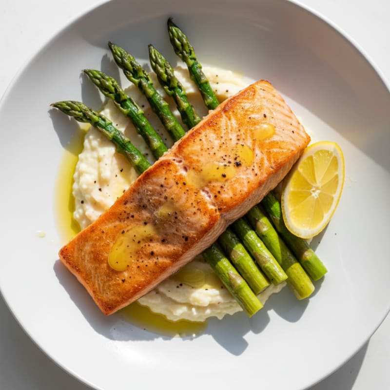 Seared Salmon with Roasted Asparagus and Cauliflower Mash