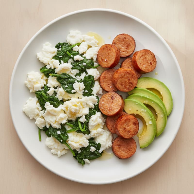 Scrambled Egg Whites with Chicken Sausage and Sautéed Spinach