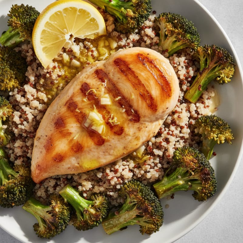 Grilled Chicken Breast with Quinoa and Roasted Broccoli