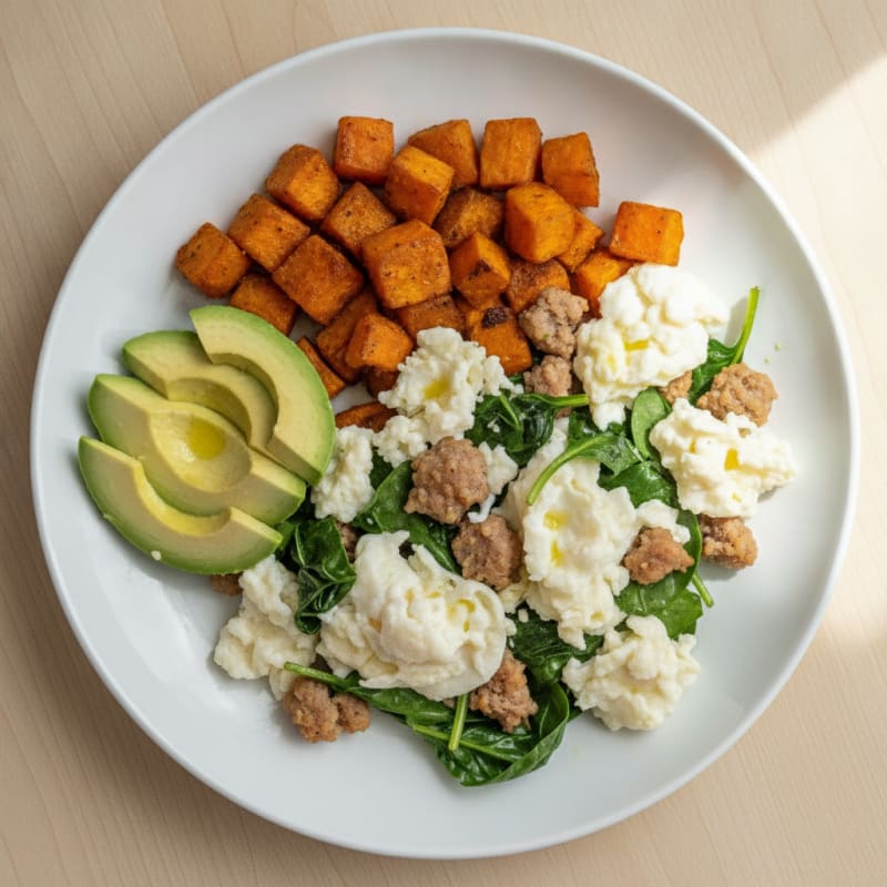 Egg White and Turkey Sausage Scramble with Baby Spinach