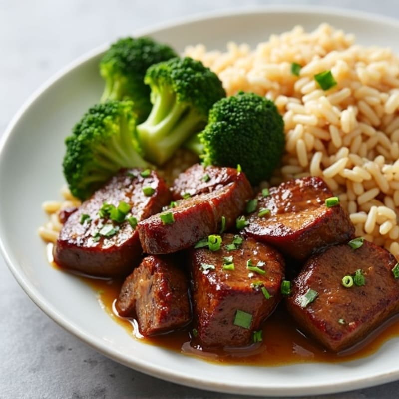 Savory Garlic Ginger Beef and Crispy Broccoli with Brown Rice