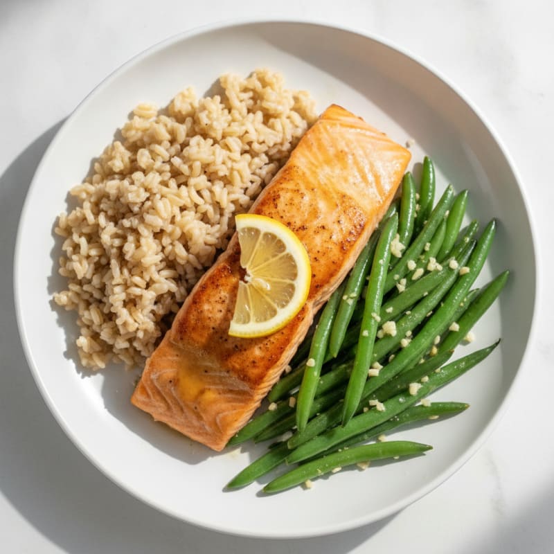 Seared Salmon with Garlic Green Beans and Brown Rice
