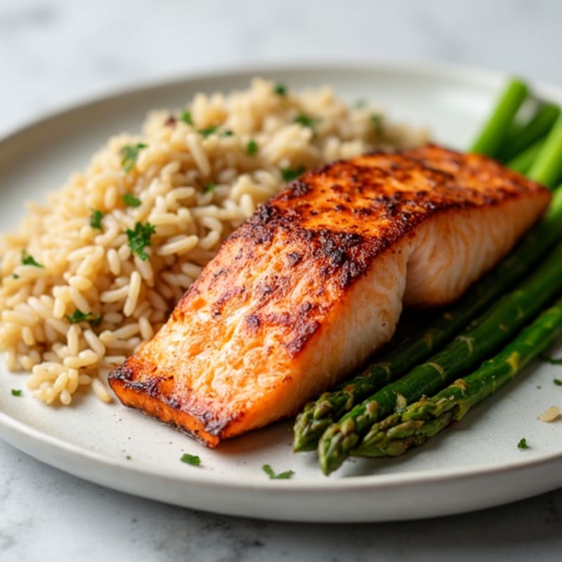 Seared Salmon with Steamed Asparagus and Brown Rice
